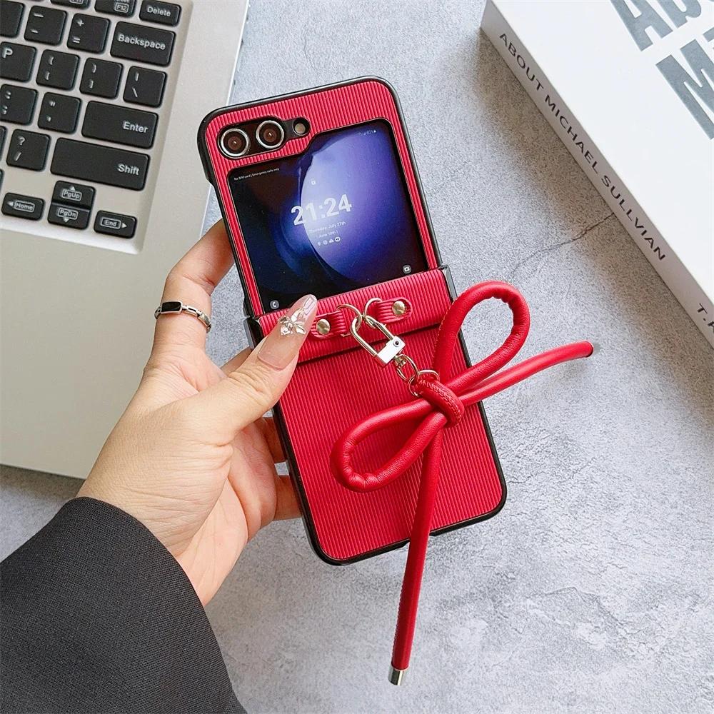 Stripe Texture PU Leather Cover with Bowknot Pendants for Samsung Galaxy Z Flip 6 5 4 3 5G Hard PC Hinge Protective Phone Case