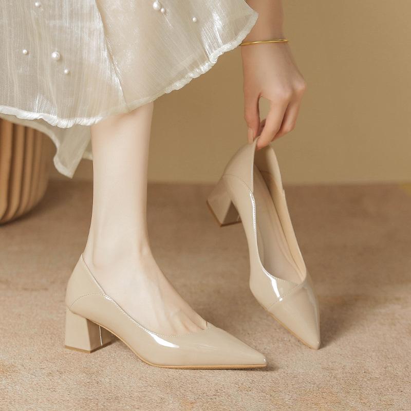 Nude High Heels Women's New Spring Pointed Head Light Mouth Wedding Shoes Medium Thick Heel Bridesmaid Shoes Single Shoes Women