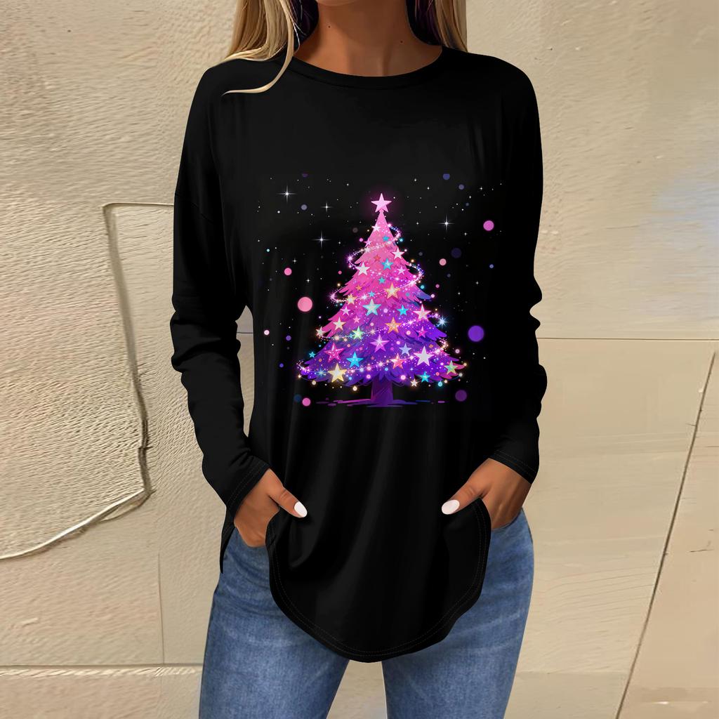 Dames Losse Comfortabele Casual Mode V-Hals Kerstprint Lange Mouw Hoodie