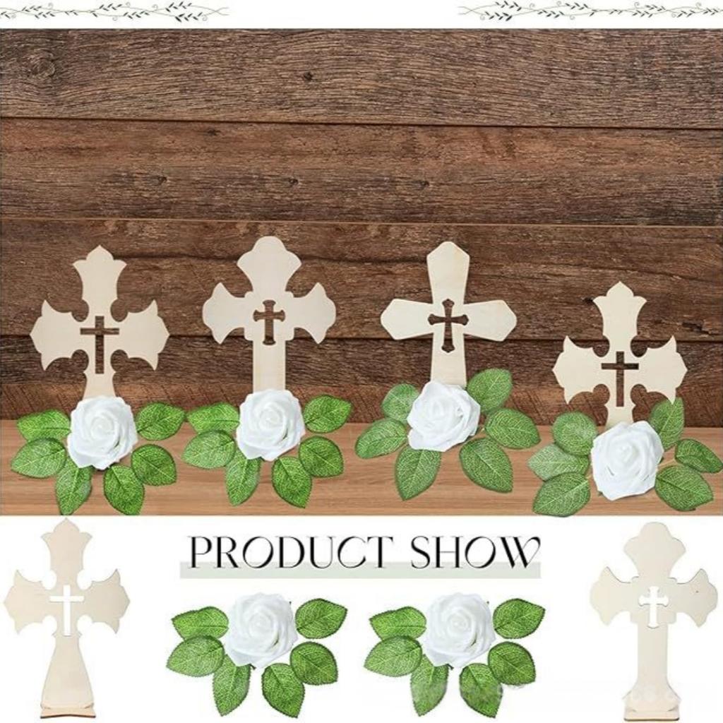 Wooden Crosses with Artificial Roses Standing Crosses with Bases, Baptism Centerpieces, Wedding Party Home Decor