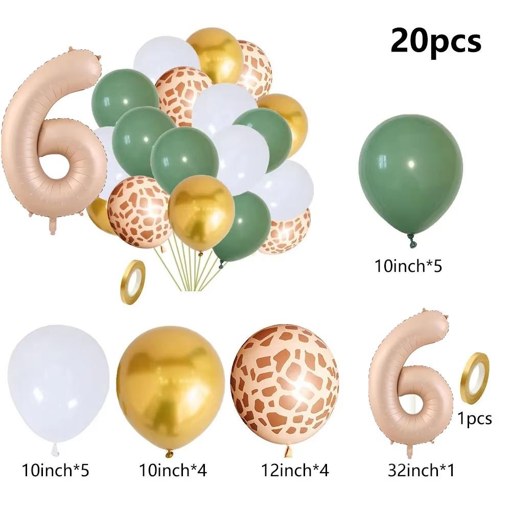 20pcs Jungle Animal Theme Party Sage Green Balloon Caramel Number 0-9 Foil Balloons Happy Birthday Party Baby Shower Decoration