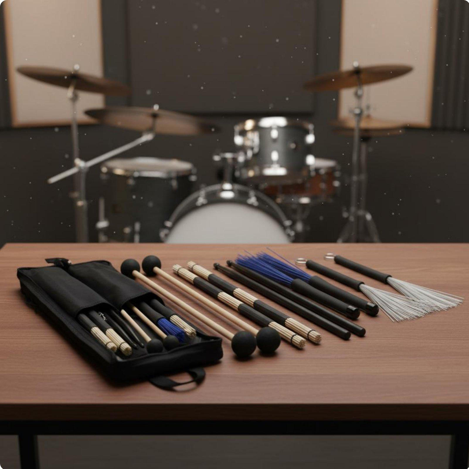 5 Pairs Drumstick and Brush Set Versatile Bag Percussion Sticks Brushes Kit for