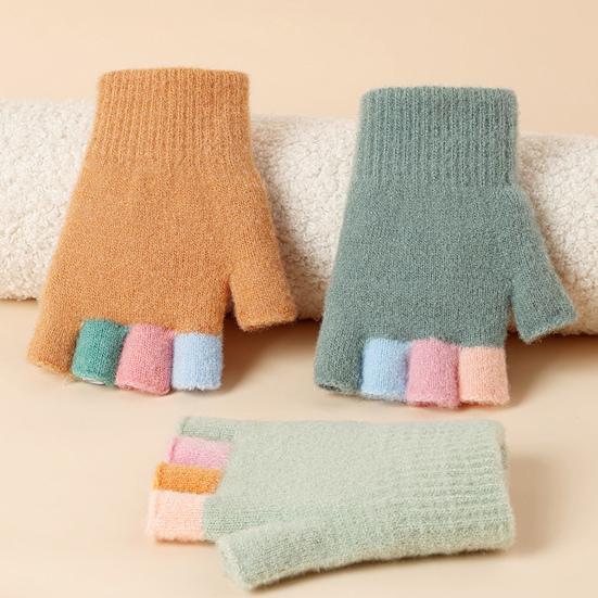 Kids Knitted Gloves Winter Half Finger Gloves Soft Color Block Warm Wrist Gloves for Boys Girls Indoor Outdoor Use