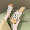 2025 New Summer Knitted Square Head Open Toe Middle Heel Hollow Out Sandalias De Mujer Fashion Retro Beach High Heels Slippers