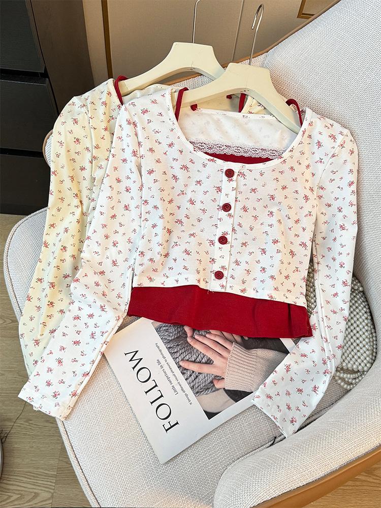 Women's Floral Button-Up Two-Piece-Style Long-Sleeve Slim Fit Top