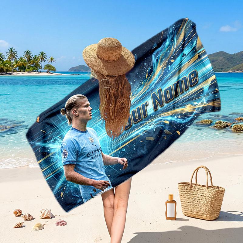 Erling Haaland Custom Beach Towel, Personalized Name Text Print, Football Logo Soft Quick‑Dry Towel Holiday Gift