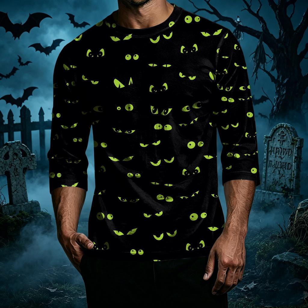 Men's Casual Halloween Print Crew Neck T-Shirt Three Quarter Sleeve Relaxed Fit Lightweight Cotton Blend Top for Everyday Wear