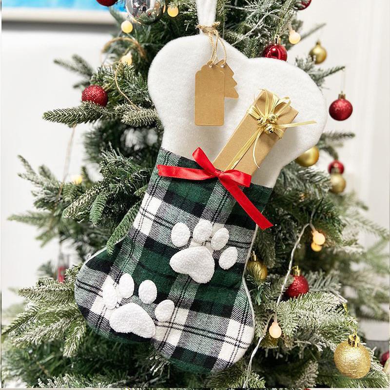 New Plaid Christmas Bone Stocking with Tag - Festive Footprint Ornament Gift Bag
