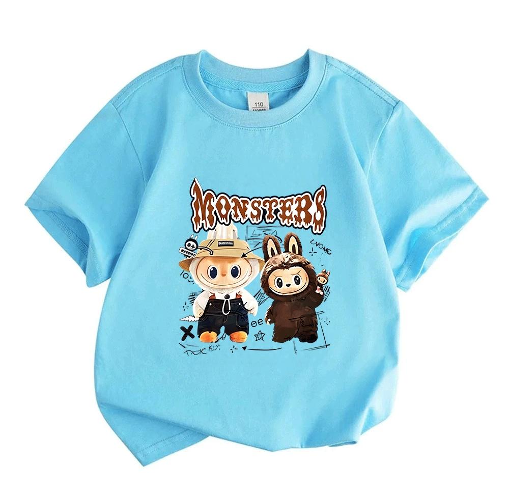 Kids Boys Girls 100% Cotton Crew Neck Short Sleeve T-Shirt, Funny Cute Cartoon Monsters Print Casual Soft Breathable Tee for Daily Wear Summer Tops