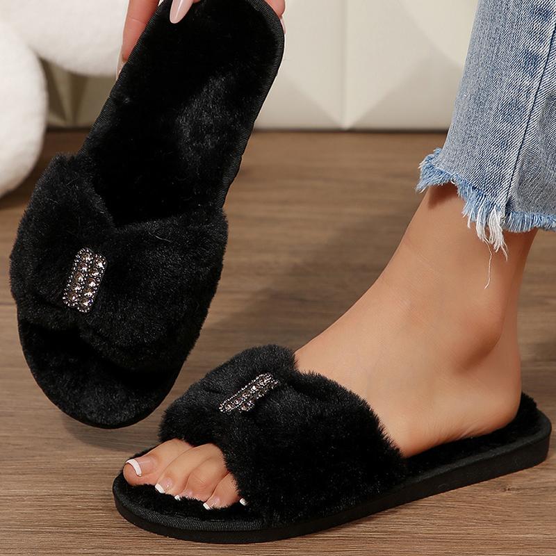 Fashion Winter Indoor Light Cotton Slippers Women Faux Fur Warm Plush Slides for Woman Elegant Crystal Detor Flurry Slippers Female