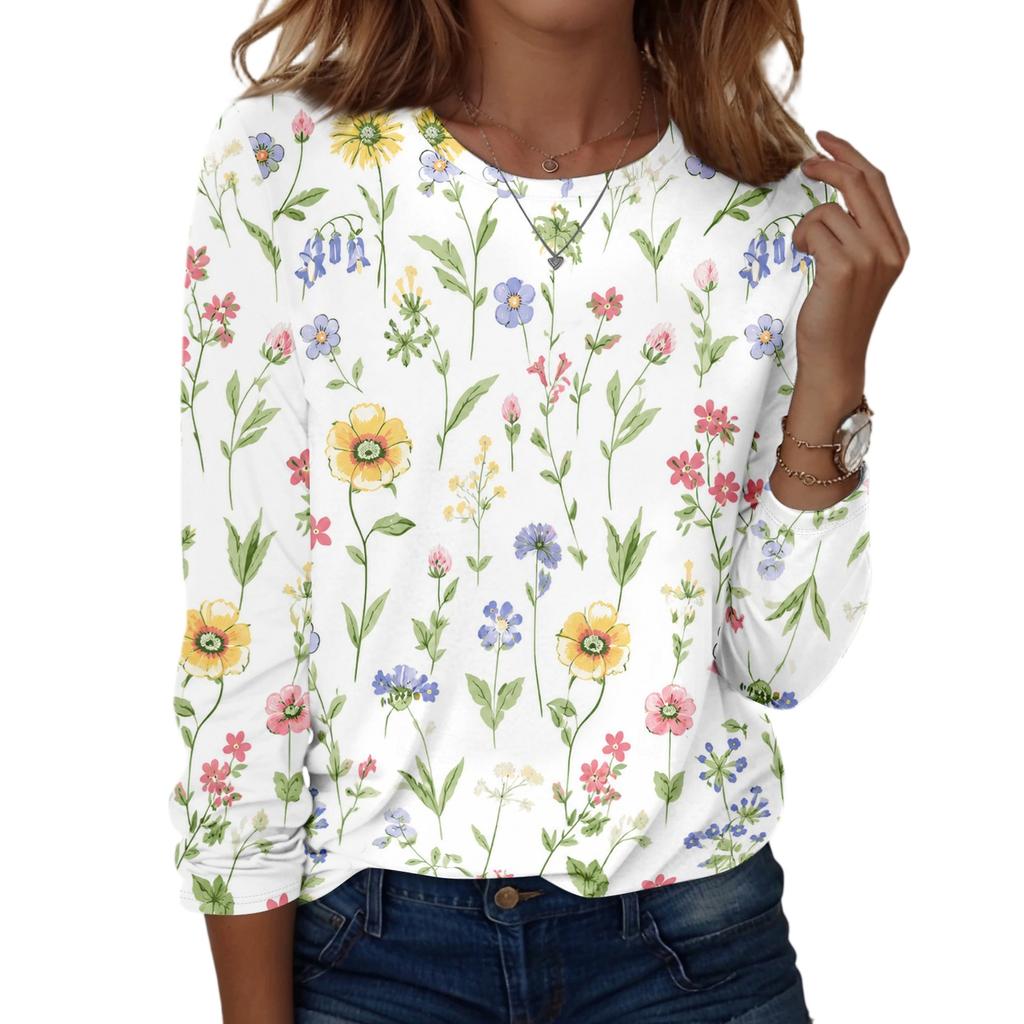 Women's Casual Long Sleeve Floral Print Round Neck Top for Everyday Wear
