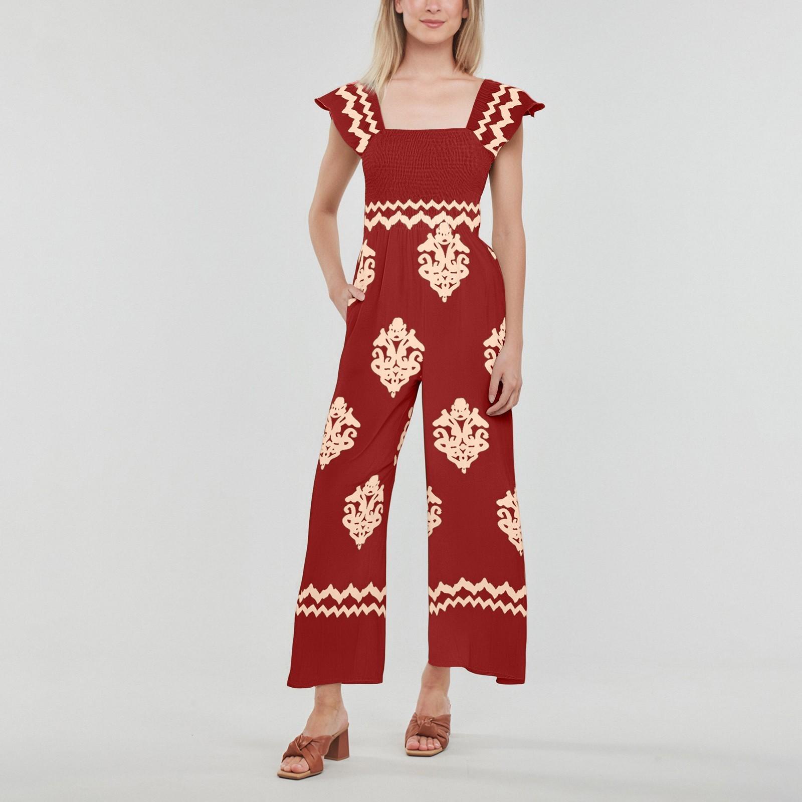 

Женский комбинезон с принтом в стиле бохо, повседневный, с высокой талией, широкими штанинами и карманом XL красный