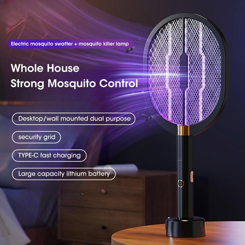 Upgraded Electric Mosquito Swatter TYPE-C Rechargeable With Purple Killer Lamp 3000V Mosquito Racket for House Hold Bedroom