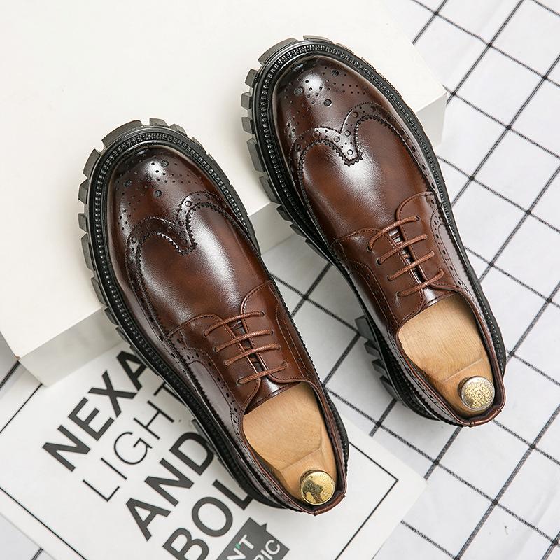 Korean Style Thick-Soled Men's Brogue Shoes, Sizes 38-45 - Trendy Carved Leather Work Boots, Low-Top Design