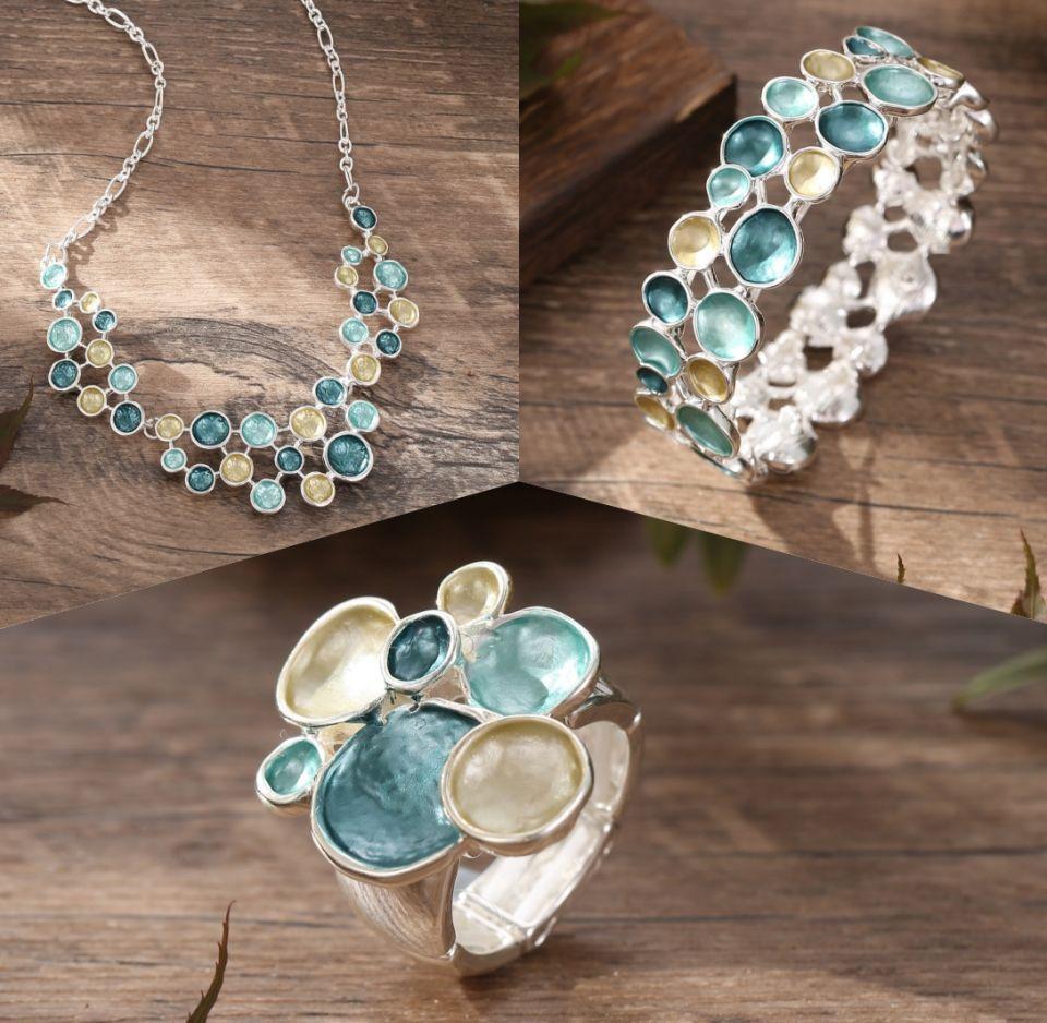 Color painting oil round geometric petal ring bracelet necklace set, ladies banquet high sense