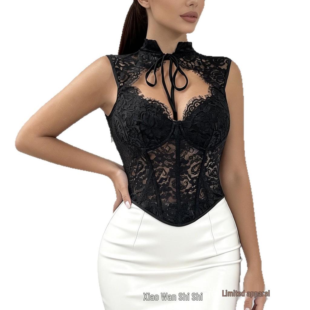 Camisole Européenne & Américaine Dentelle Baleinée Anneau en Acier – Haut Ceintureur Dos Nu à Bretelles.