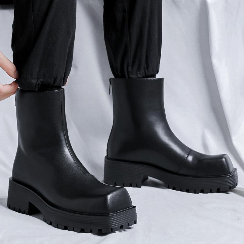 Fashion Men's Thick Soled High Top Leather Shoes Fashionable Minimalist Design Style Outdoor Leisure Business Party Trendy Men's Boots
