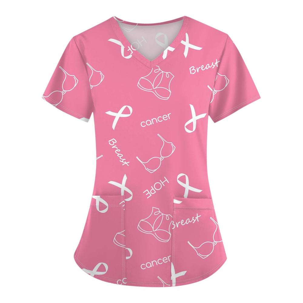 Surgical Uniforms Woman Heart Printed V-Neck Nurses Tops Short Sleeve Patch Pocket Medical Uniforms Surgical Uniforms Nursing