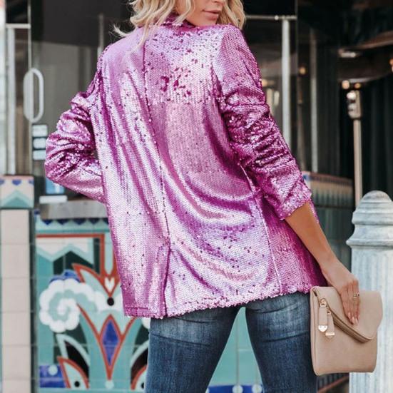 Turn-down Collar Wear-resistant Stylish Cardigan Shiny Sequin Charming Autumn Blazer Women Coat