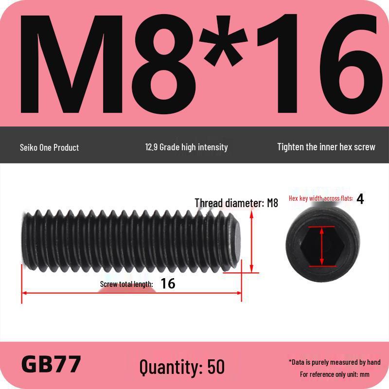 Class 12.9 Inner Hex Flat Head Headless Grub Screw M3-M12