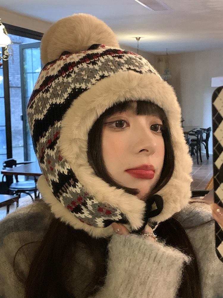 Japanese Ethnic Wind Wool Hat Women'S Autumn And Winter Lei Feng Hat Travel Skiing Ear Protection Knitted Hat Plush Thickened Warm