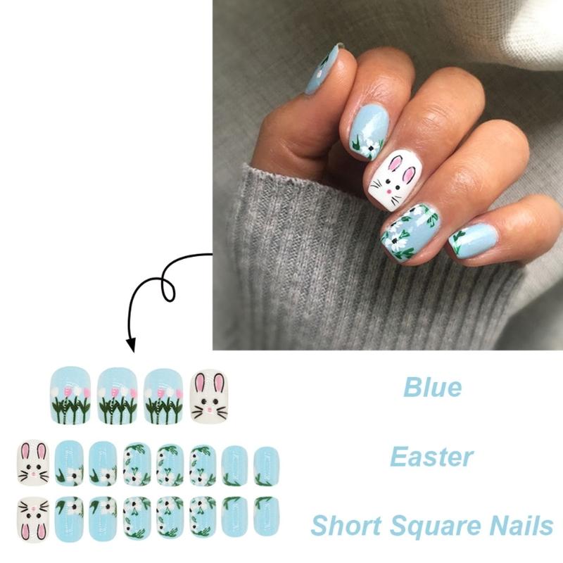 Spring Easter Nail Art Manicure Set 24Pcs Short Square False Nail With Rabbit And Flowers Stick on Nail for Party