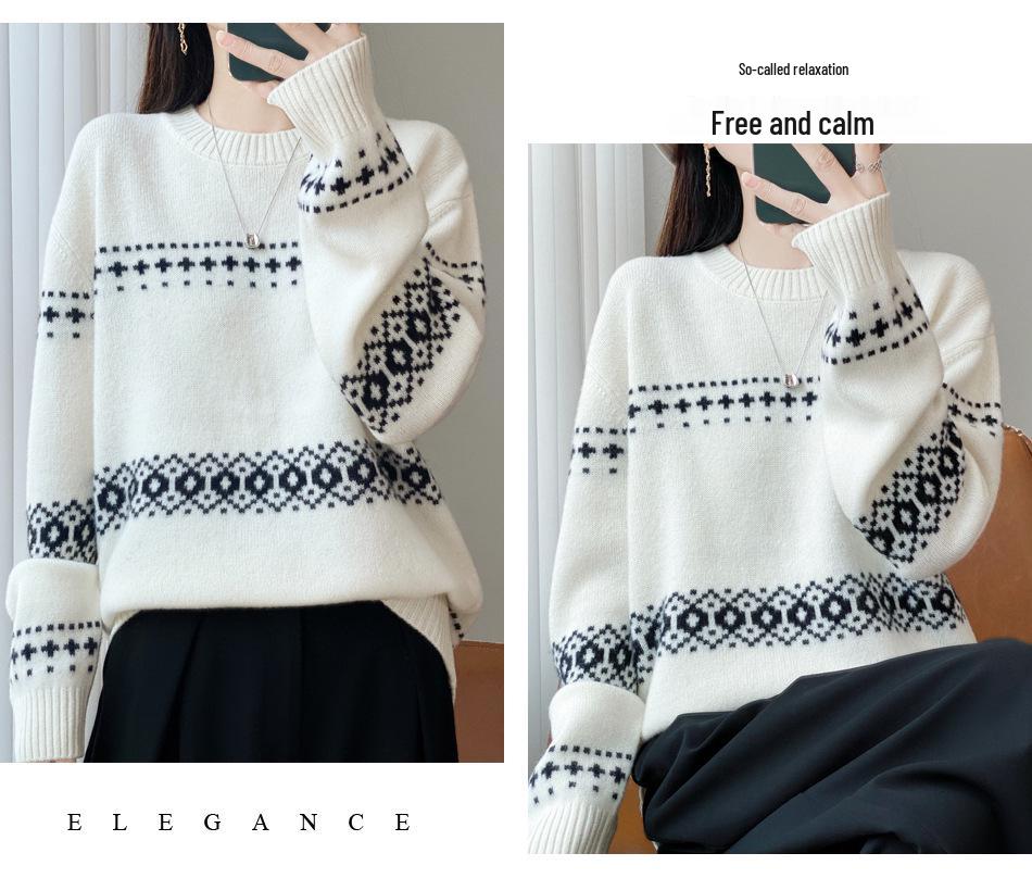 Mall-Stil Dicker Reiner Wollpullover für Damen - 100% Wolle Locker Gestrickt Vielseitiges Oberteil