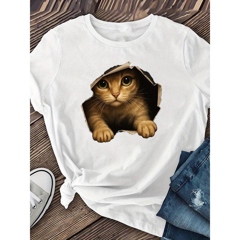 European Size Womens The Little Cat In The Cave Graphic T Shirt Short Sleeve Casual Spring Summer Lady's Wear Top