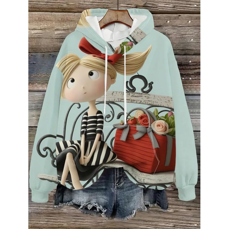 Womens Oversized Hooded Sweatshirt With Cartoon Animal Print Casual Streetwear Top Fall 2025