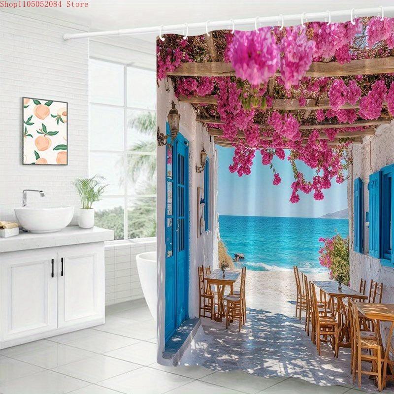 1pc Greek Mediterranean Coastal Shower Curtain Bathroom -   With Hooks Waterproof Mildew Proof Easy Install Washable