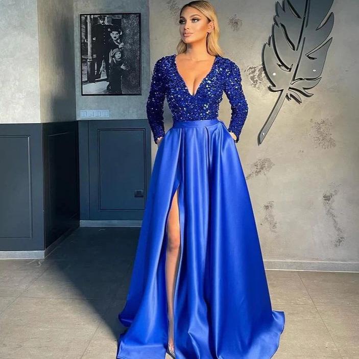 Elegant One-Shoulder Long-Sleeve V-Neck Sequin Slit Evening Gown