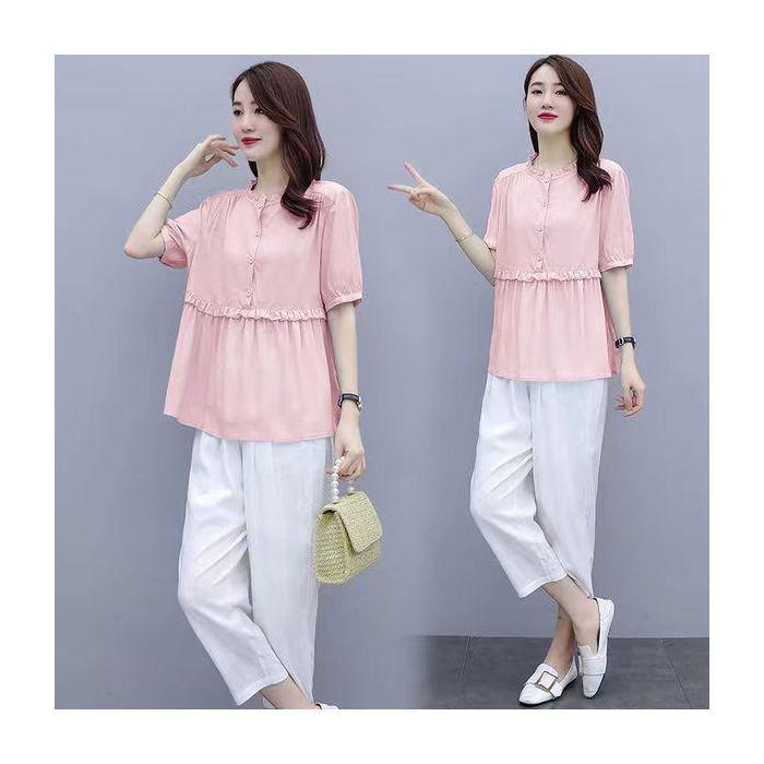 

Модный женский летний костюм-двойка 2025: Свободный топ с короткими рукавами и брюки длиной девять точек 3XL (suggested 75-80 kg) розовый