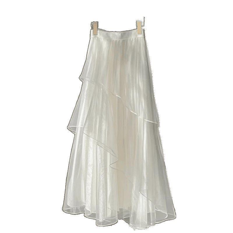French Style White Mesh Midi Skirt With Abstract Pattern For Elegant Spring Wear