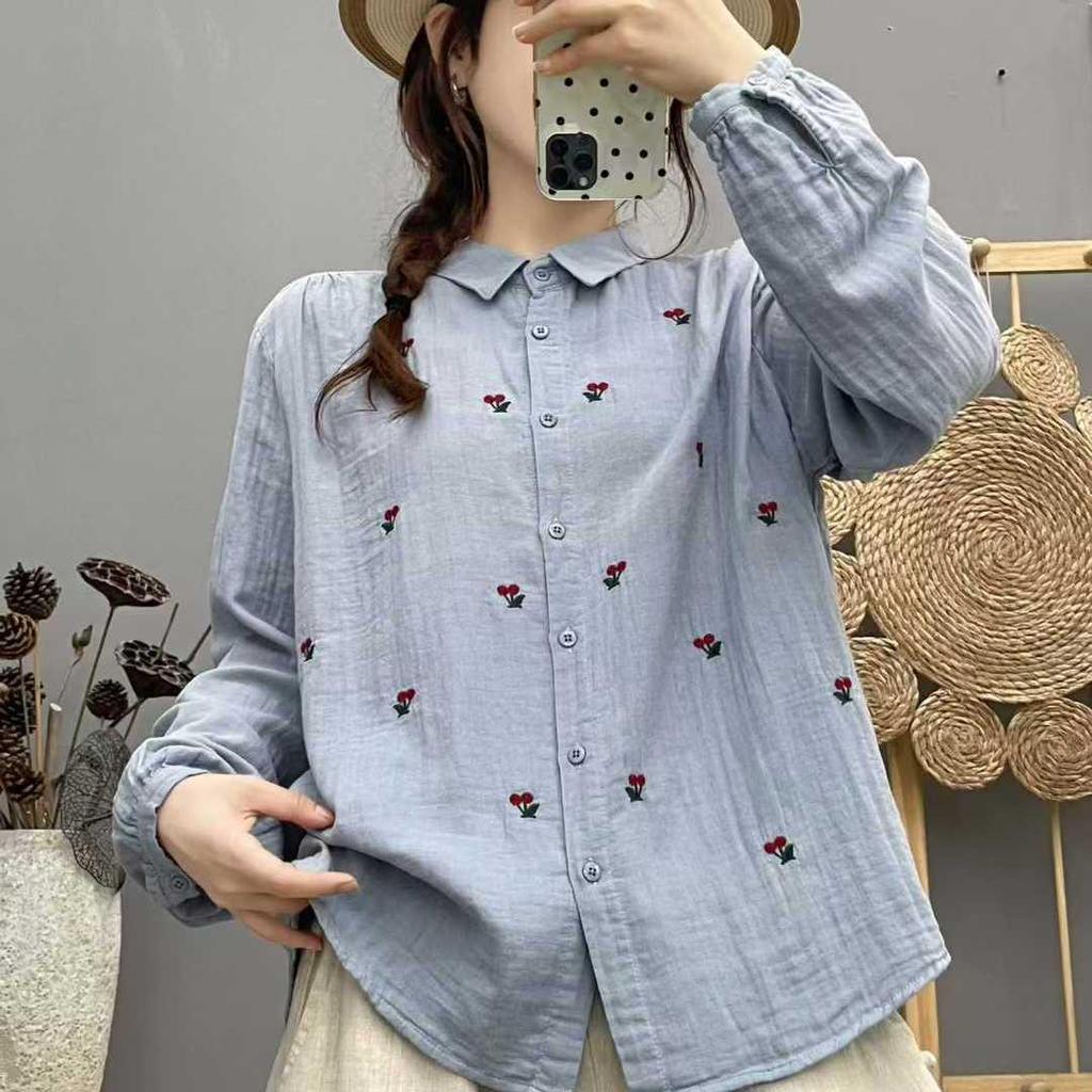 2026 Spring Women's Long-Sleeve Cherry Embroidery Double-Layer Gauze Shirt - Soft Pure Cotton, Versatile Commuter Style