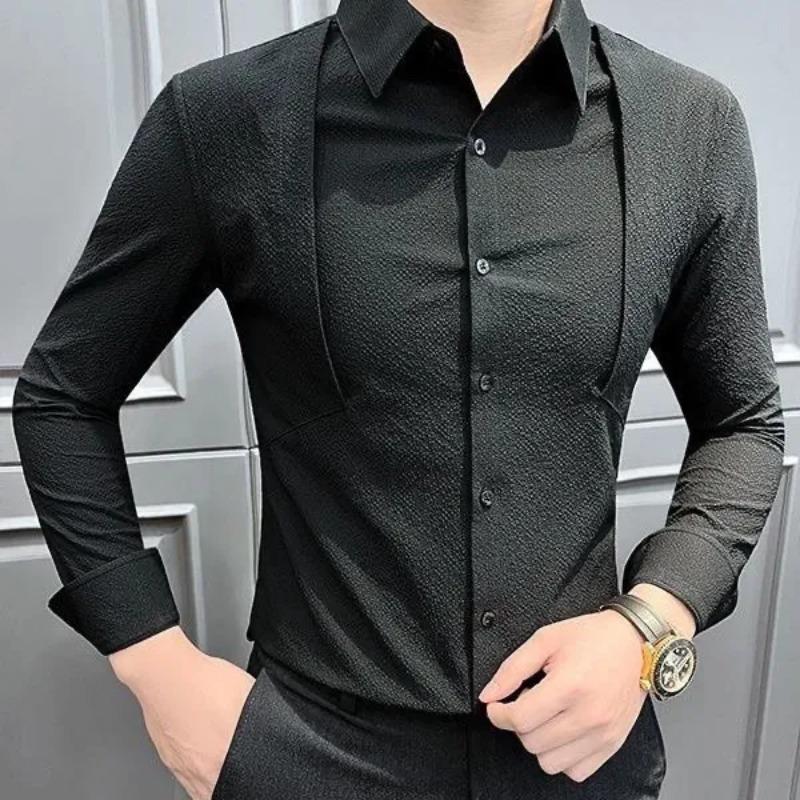Men's Solid Color Long Sleeve Button-Down Shirt with Decorative Cutout