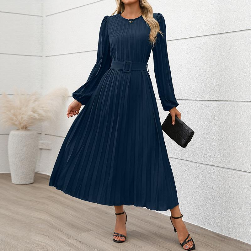 

Новое осеннее платье для вечеринки и работы, элегантное ретро, с длинным рукавом, однотонное, плиссированное XL темно-синий