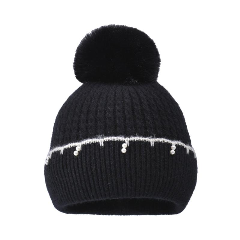 Winter Fur Ball Pearl Pullover Cap Women Outdoor Coldproof Hat Velvet Warm Ear Protection Knitted Wool Cap