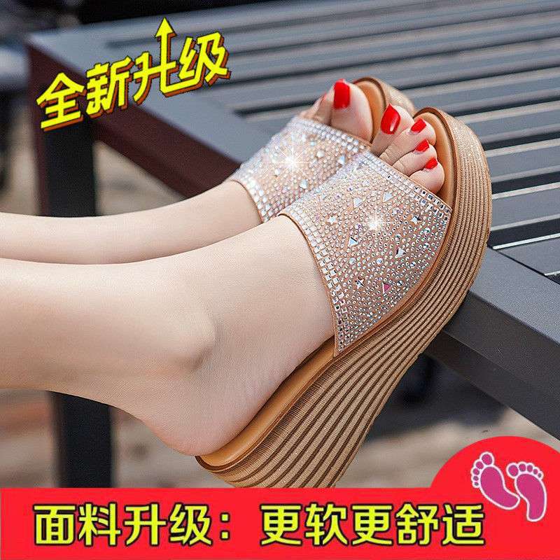 2025 New Cool Slippers Women's Summer Wear Non-slip Fashion High Heel Wedge One-word Drag Thick-bottomed Rhinestone Slippers