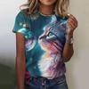 T-Shirt für Damen Sommer Niedlicher Katzen-Print O-Ausschnitt Klein Frisch Harajuku Lässig Pullover Gestreift Grafik Damen Streetwear Damen Oberteile