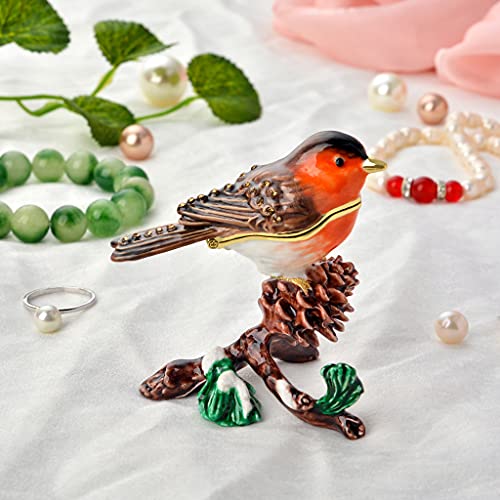 European Robin Figurine, Home Decor, Bird Trinket Box, Jewelry Box with Hinges, Golden Handmade Crystal, Animal Keepsake, Bird Lover Gift