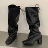 Eilyken New Fashion Round Toe Lace-up Knee-High Boots Woman Square Heels Long Booties Shoes Autumn Winter Zapatos De Mujer