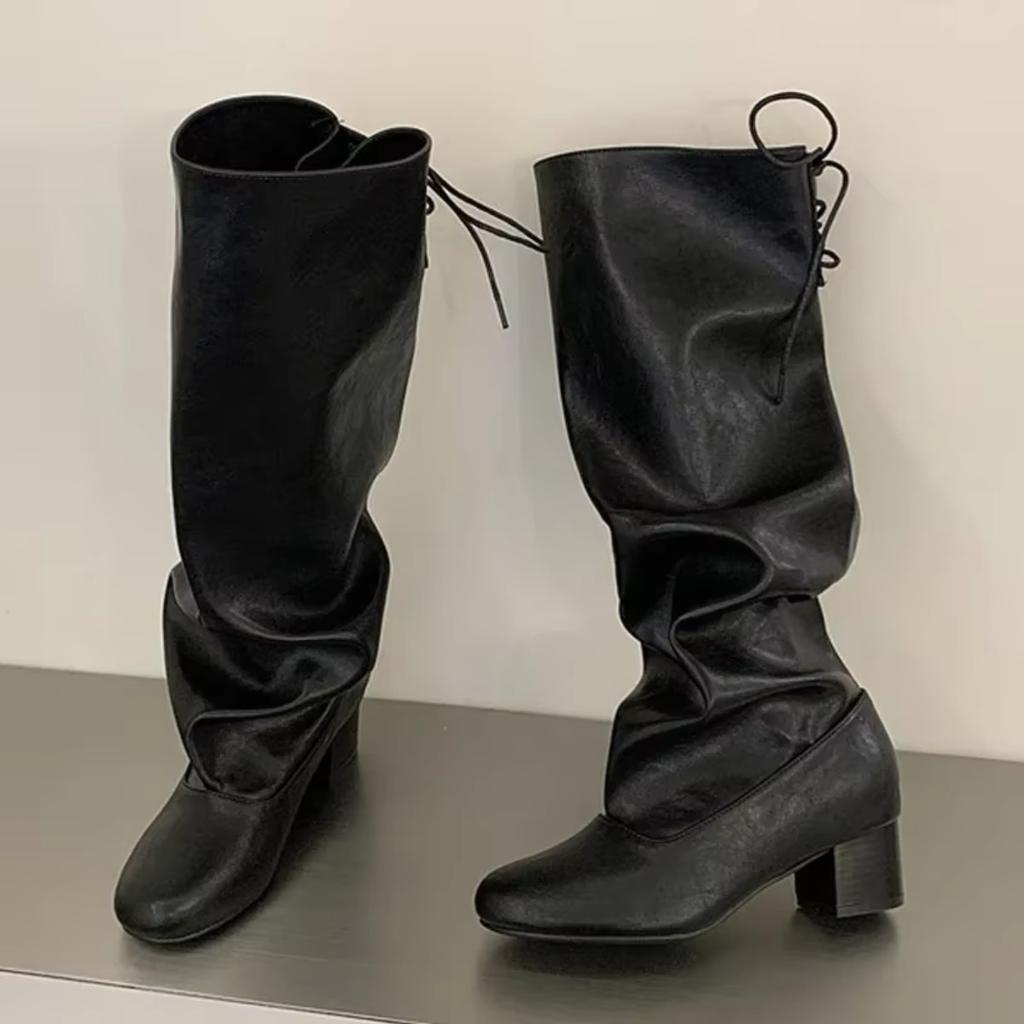 Eilyken New Fashion Round Toe Lace-up Knee-High Boots Woman Square Heels Long Booties Shoes Autumn Winter Zapatos De Mujer