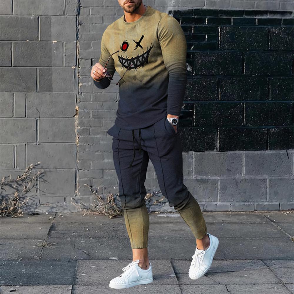 Sommer Herren 2-teiliges Set Trainingsanzüge Langarm T-Shirt + Lange Jogginghose Set Streetwear Sportstreet Männer Übergroße Herrenbekleidung