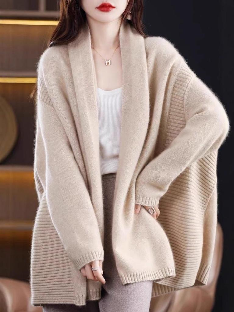 Women's Stylish Mid-Length Knitted Wool Cardigan - Cozy Autumn/Winter Shawl Sweater, Relaxed Fit