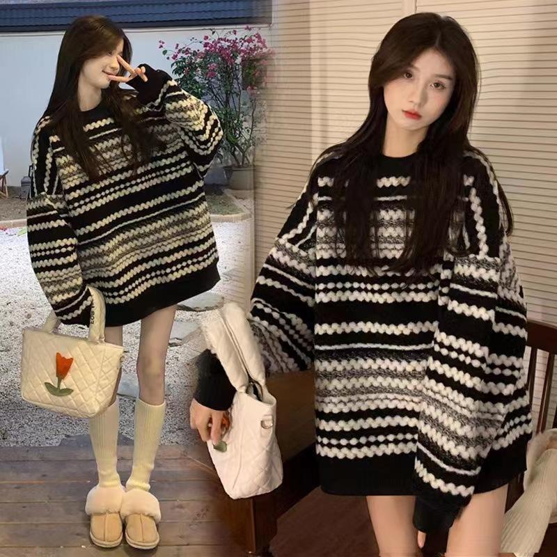 Women's Loose Sweater Mid Long Autumn/Winter Outerwear Striped Pullover Sweater
