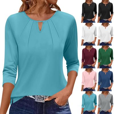 Kadın Tişört Düz Pileli 3/4 Kol Günlük Hafta Sonu Moda Temel Yuvarlak Yaka Normal Üst