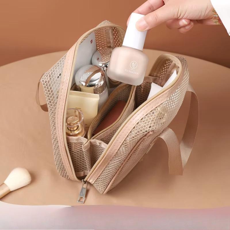Mesh makeup bag, large capacity, high-end feel, hand-held multifunctional partition, travel, grooming, storage bag for women