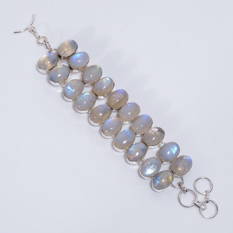

Fantastic Top Grade Qualite 100% Natural Rainbow Moonstone Oval Shape Ethnic Style Handmade Jewelry 925 Steling Silver Bracelet 6-8 WSJ5107 срібний