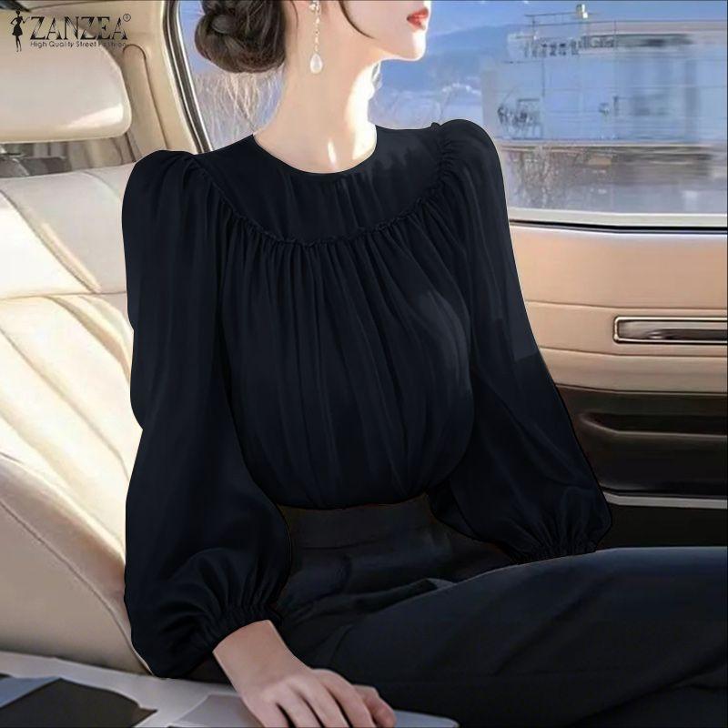 ZANZEA Women Round Neck Solid Color Long Sleeve Casual Blouse