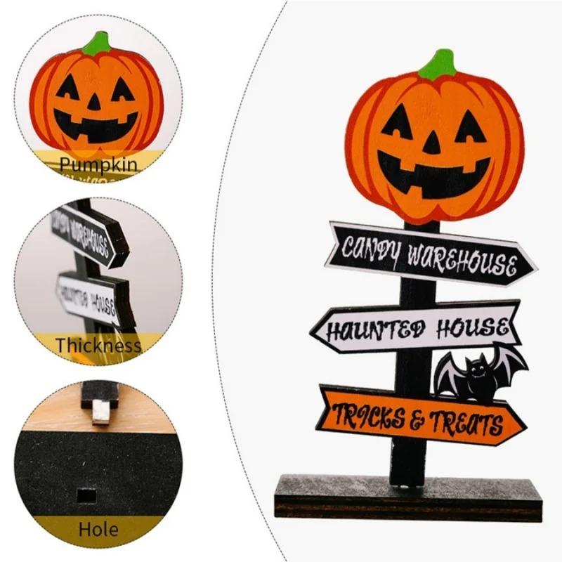 Halloween Wooden Tabletop Directional Sign Ghost Pumpkin Bat Freestanding Table Ornament Spooky Centerpiece Decor for Dining Table Party Holiday Gift